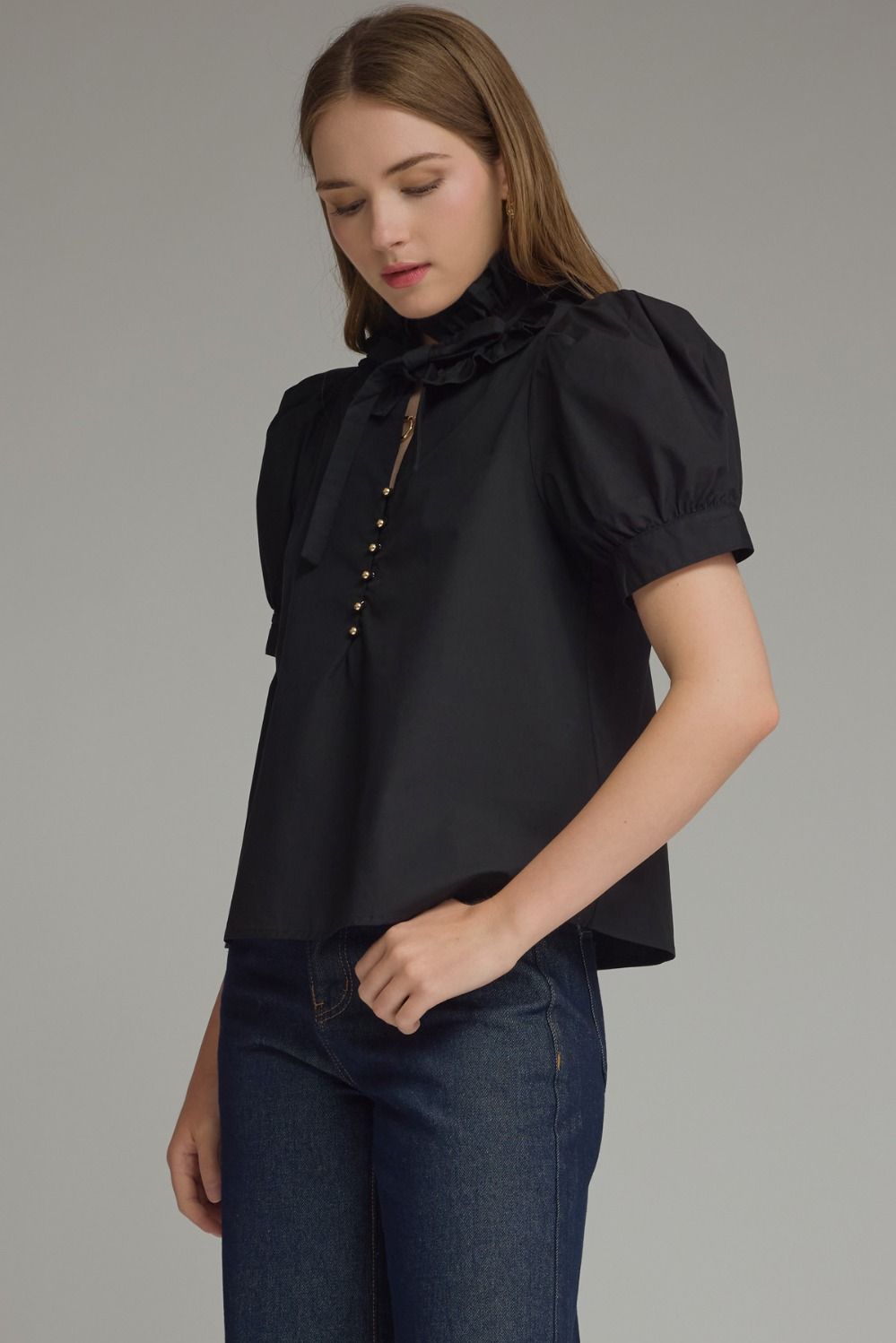 Ruffle Collar Front Tie Top - Black