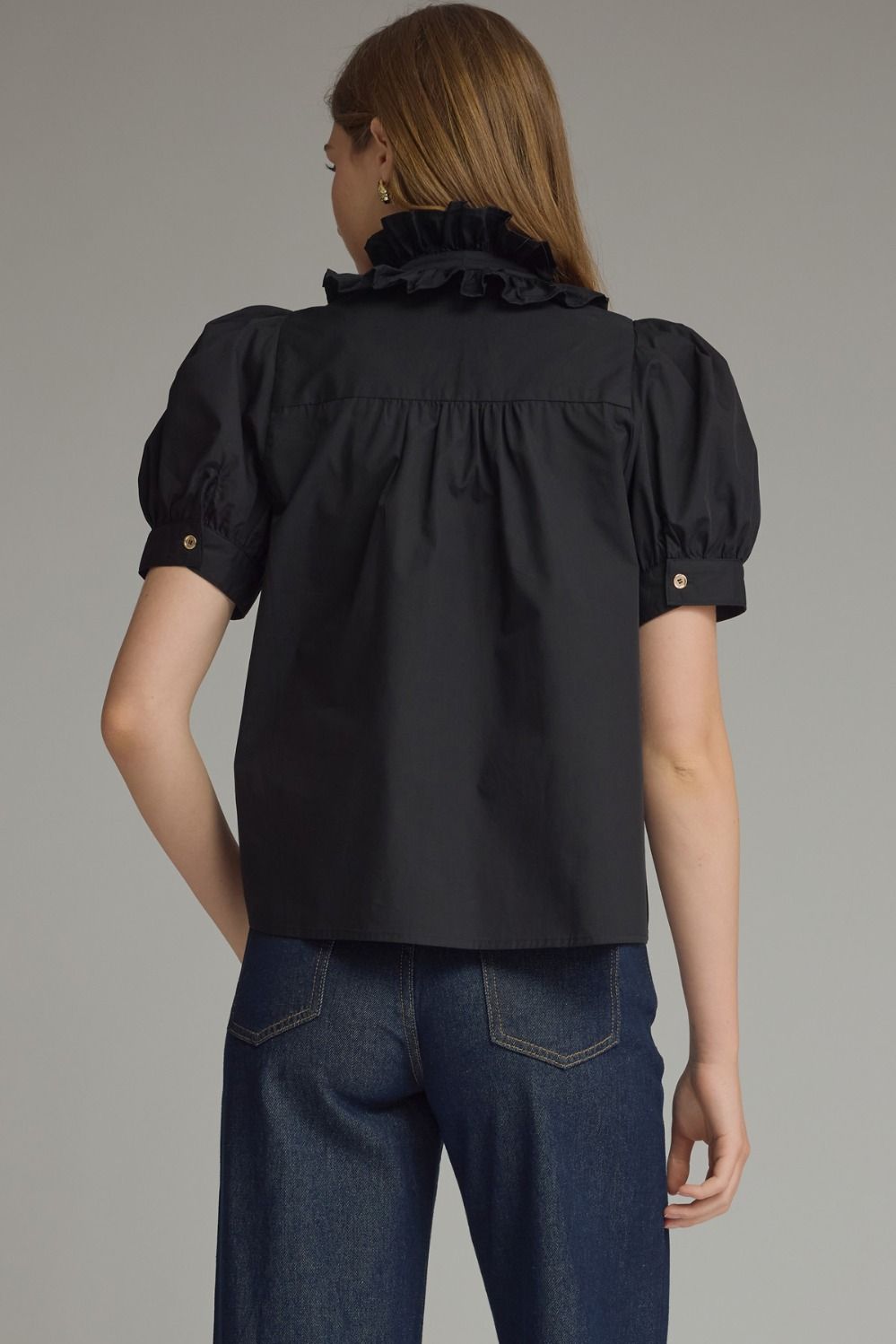 Ruffle Collar Front Tie Top - Black