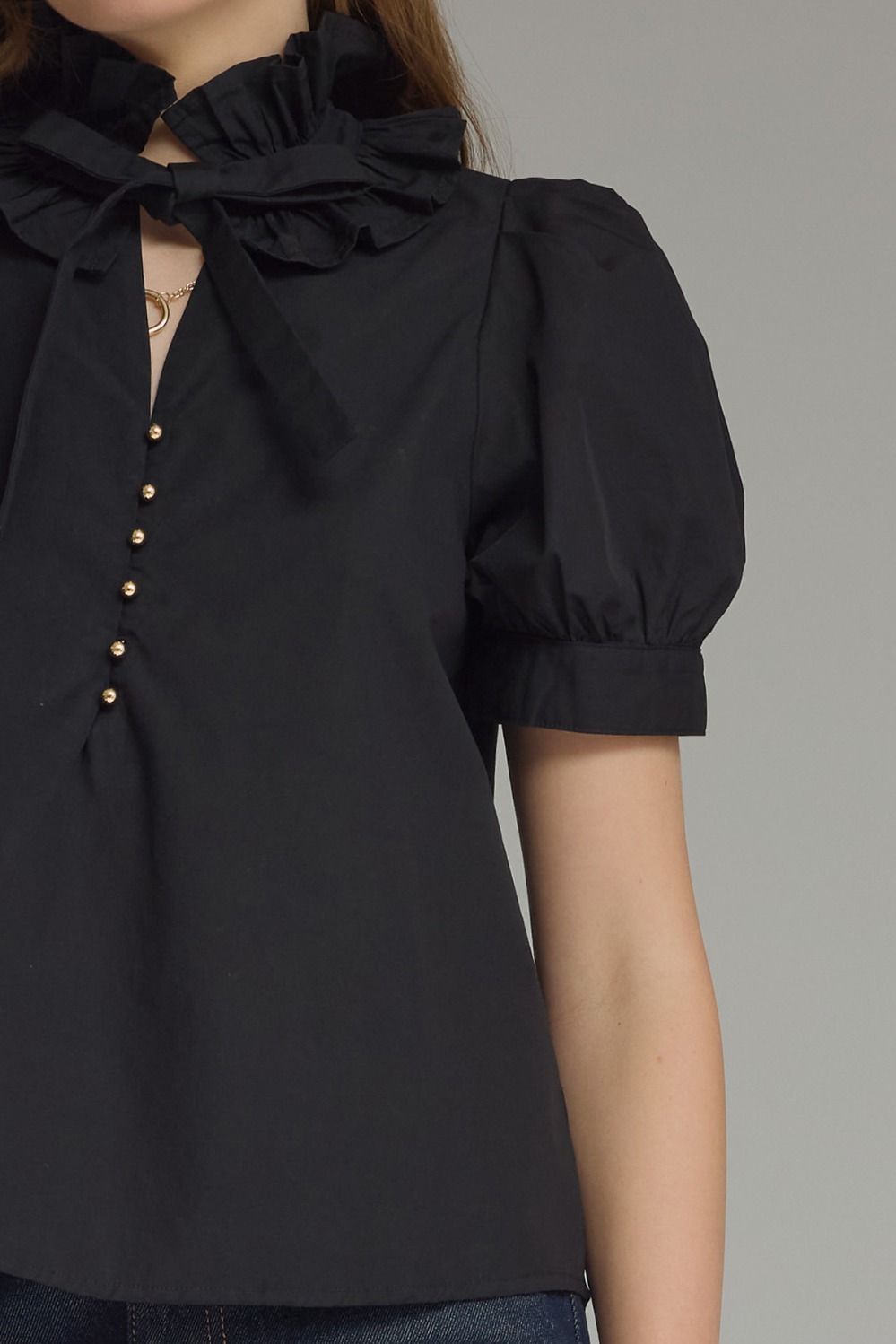 Ruffle Collar Front Tie Top - Black