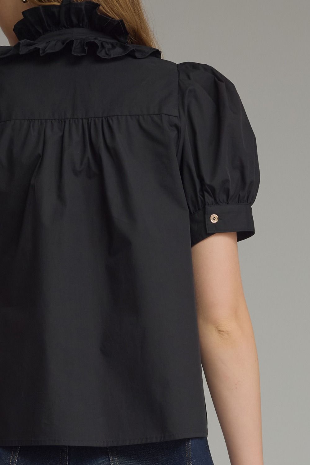 Ruffle Collar Front Tie Top - Black