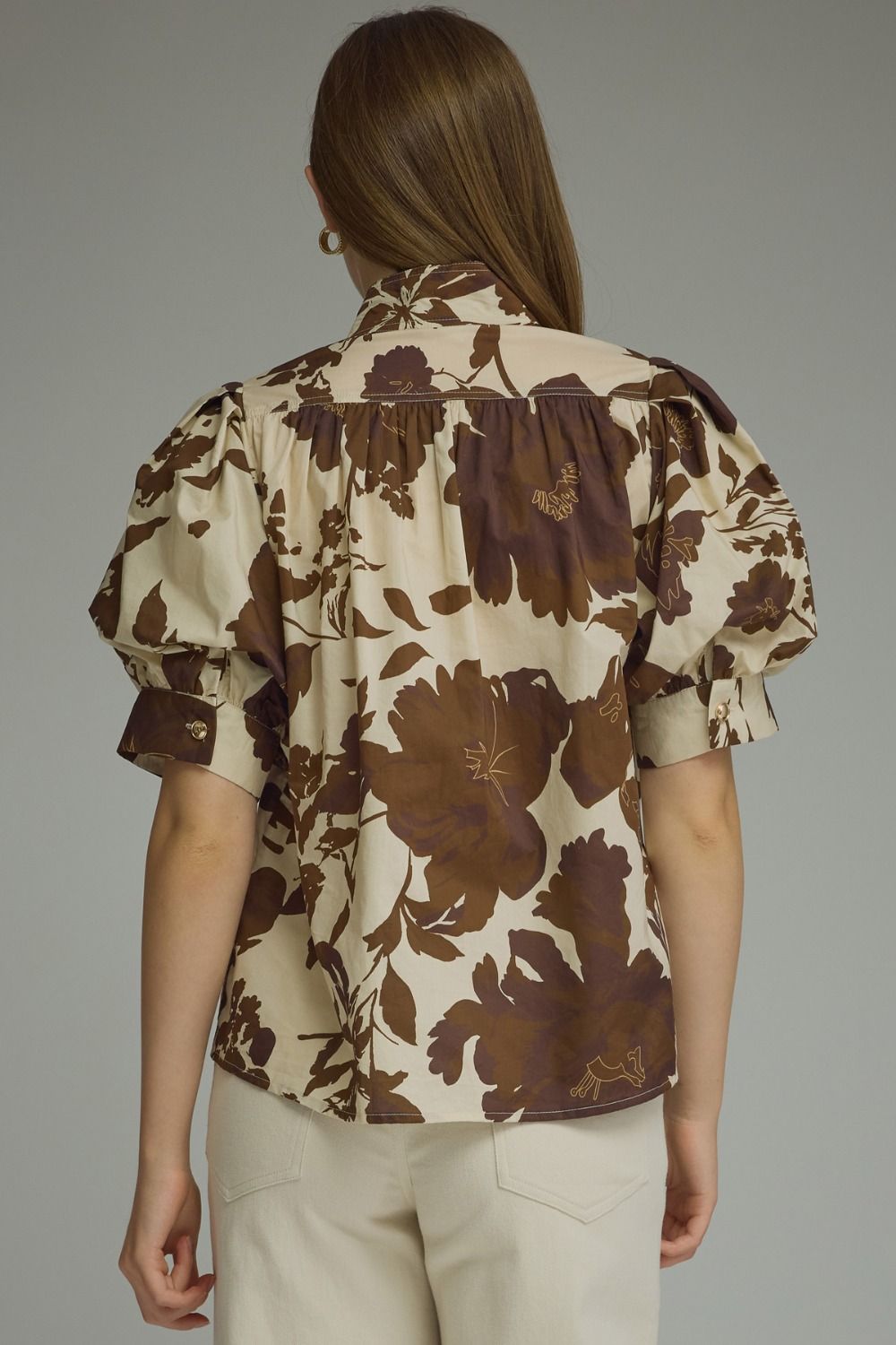 Puff Sleeve Floral Top - Brown