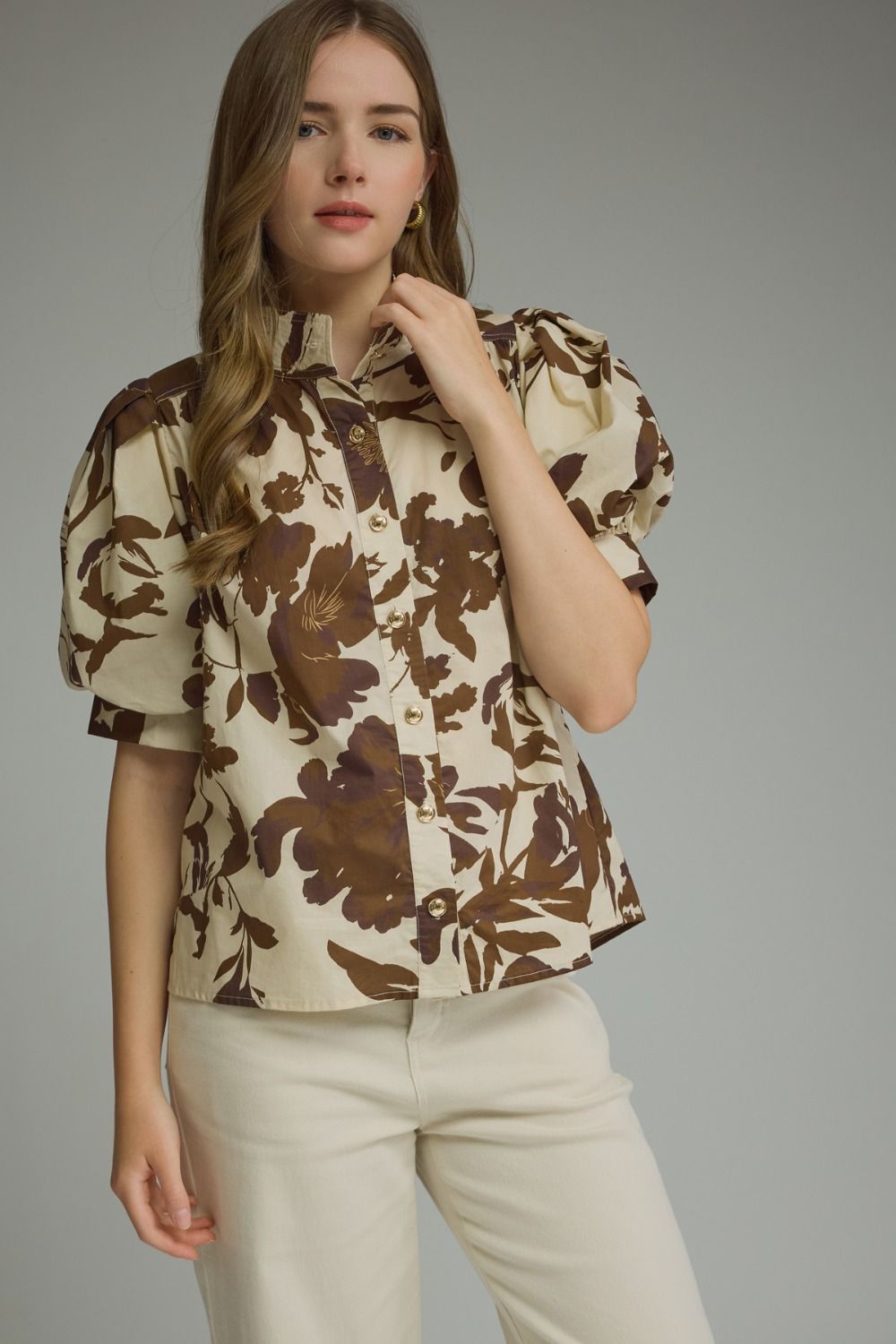 Puff Sleeve Floral Top - Brown