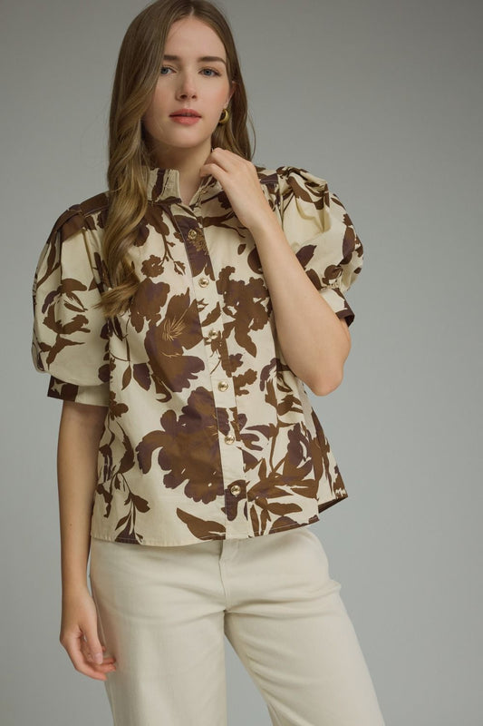 Puff Sleeve Floral Top - Brown