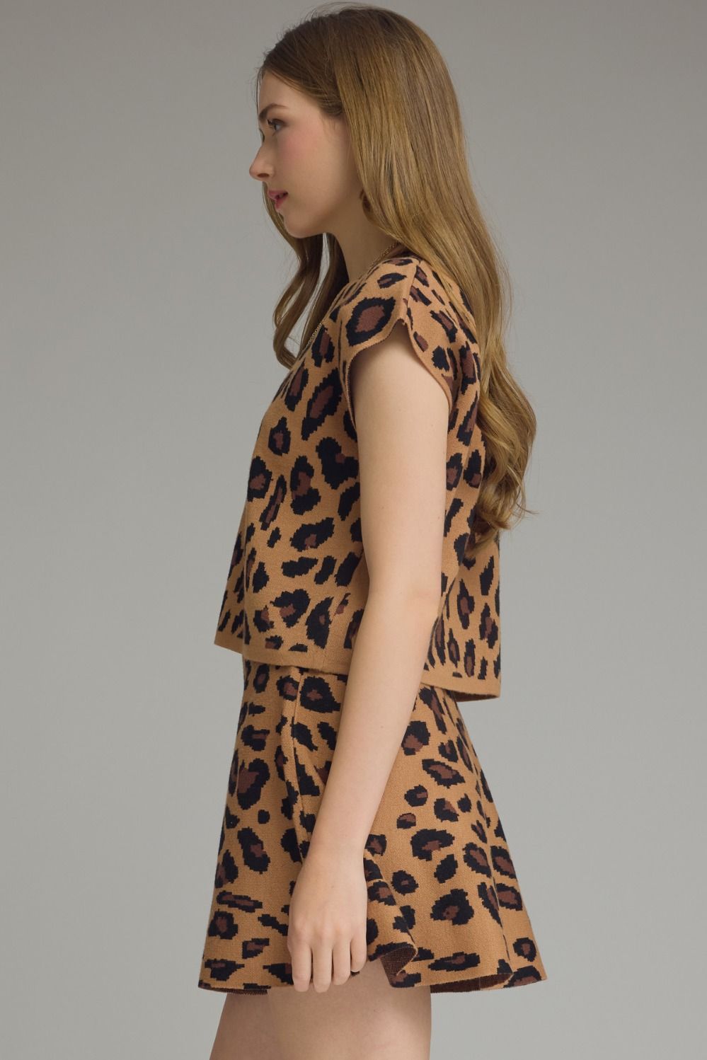 Leopard V Neck Knit Top - Brown