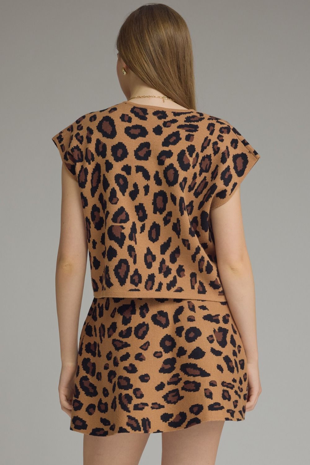 Leopard V Neck Knit Top - Brown