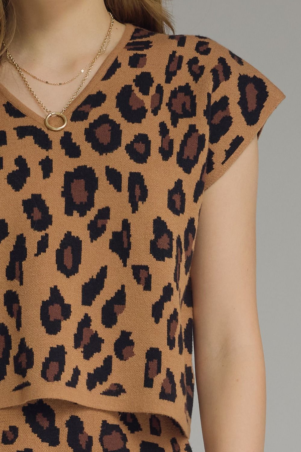 Leopard V Neck Knit Top - Brown