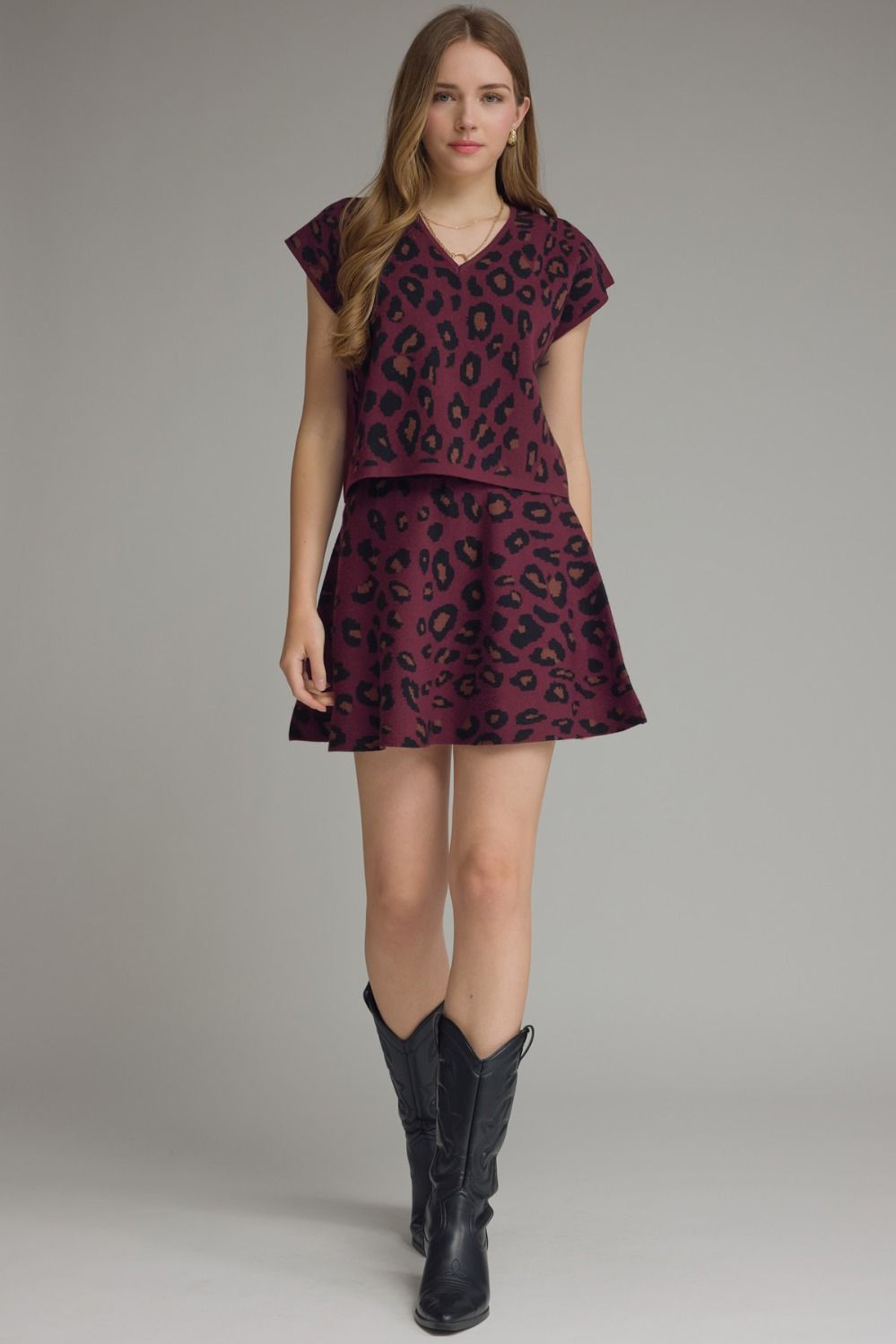 Leopard V Neck Knit Top - Wine