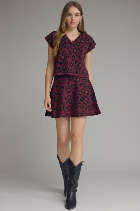 Leopard V Neck Knit Top - Wine