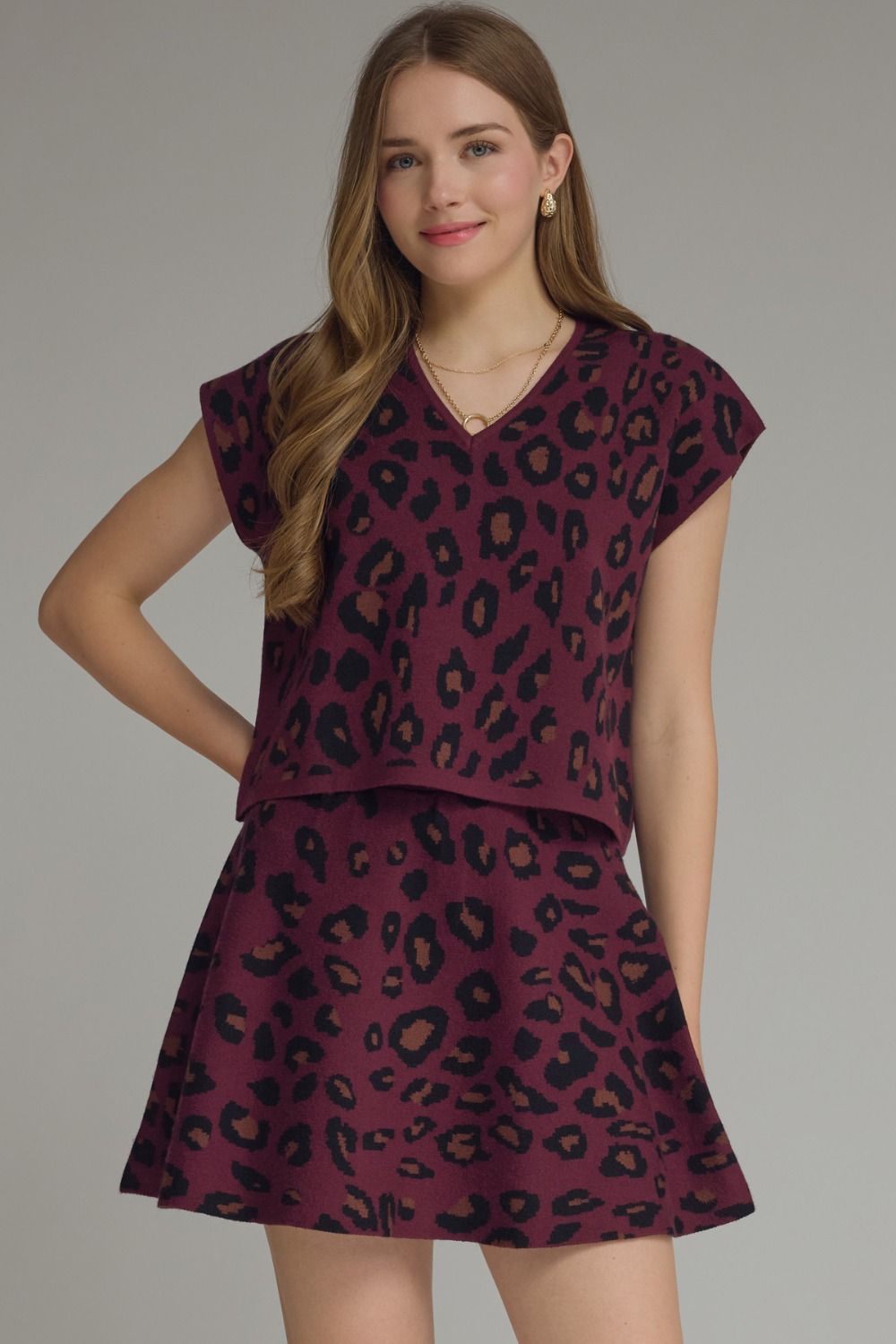 Leopard V Neck Knit Top - Wine