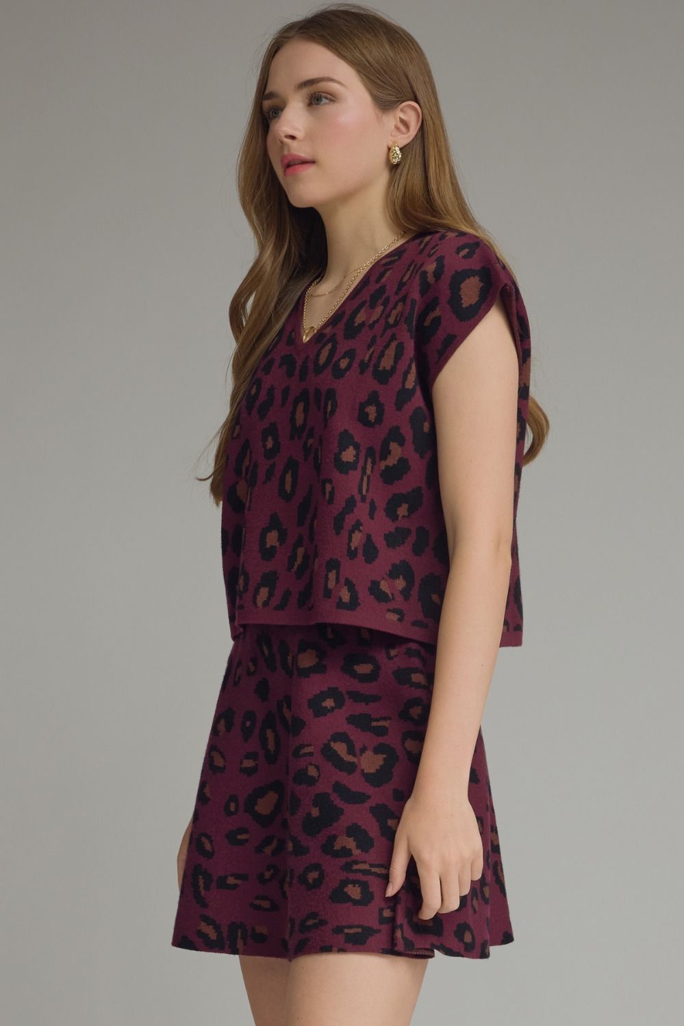Leopard V Neck Knit Top - Wine