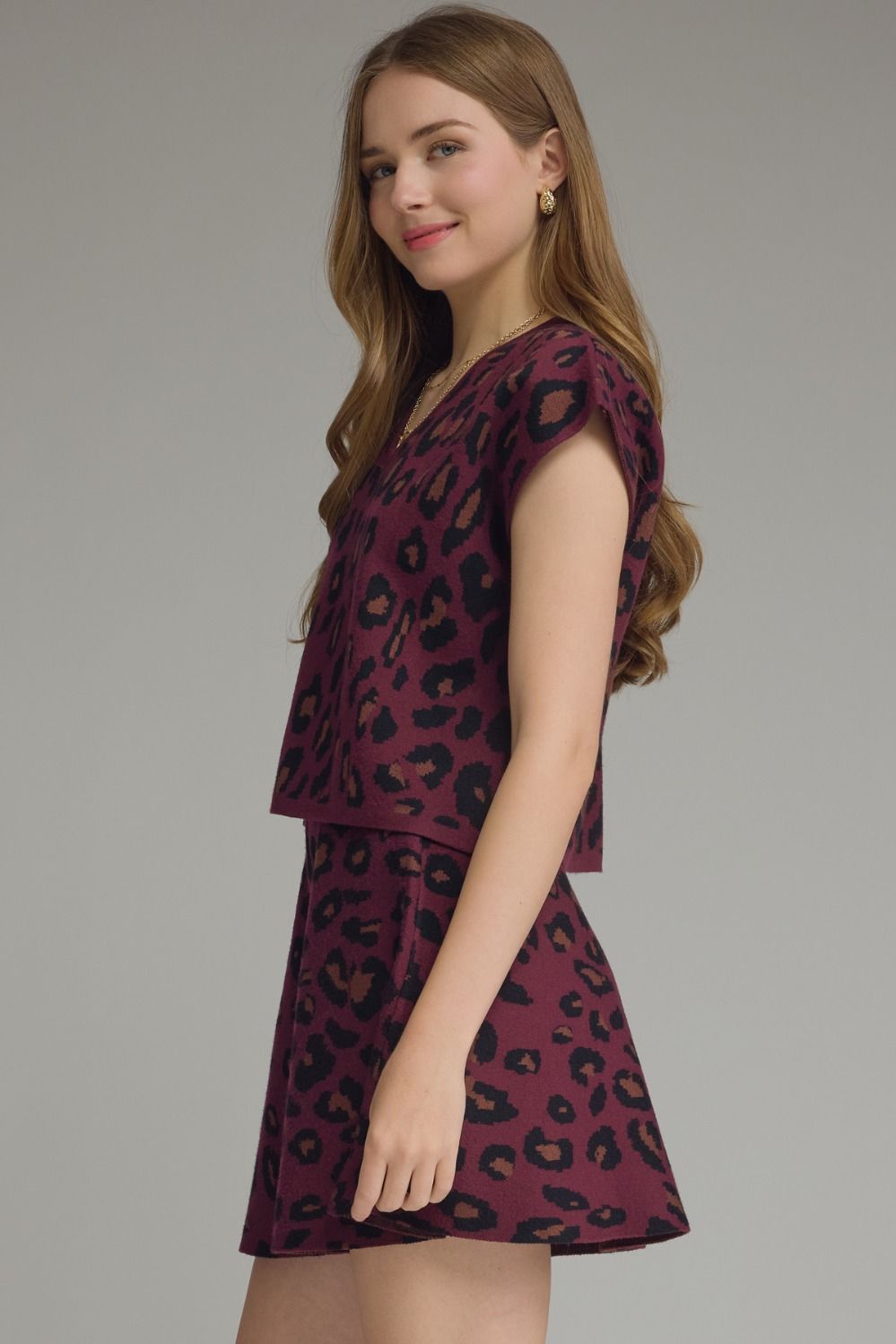 Leopard V Neck Knit Top - Wine