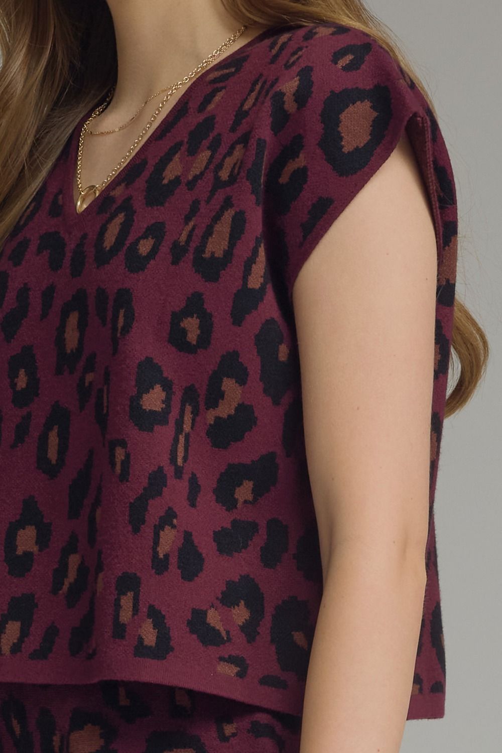 Leopard V Neck Knit Top - Wine