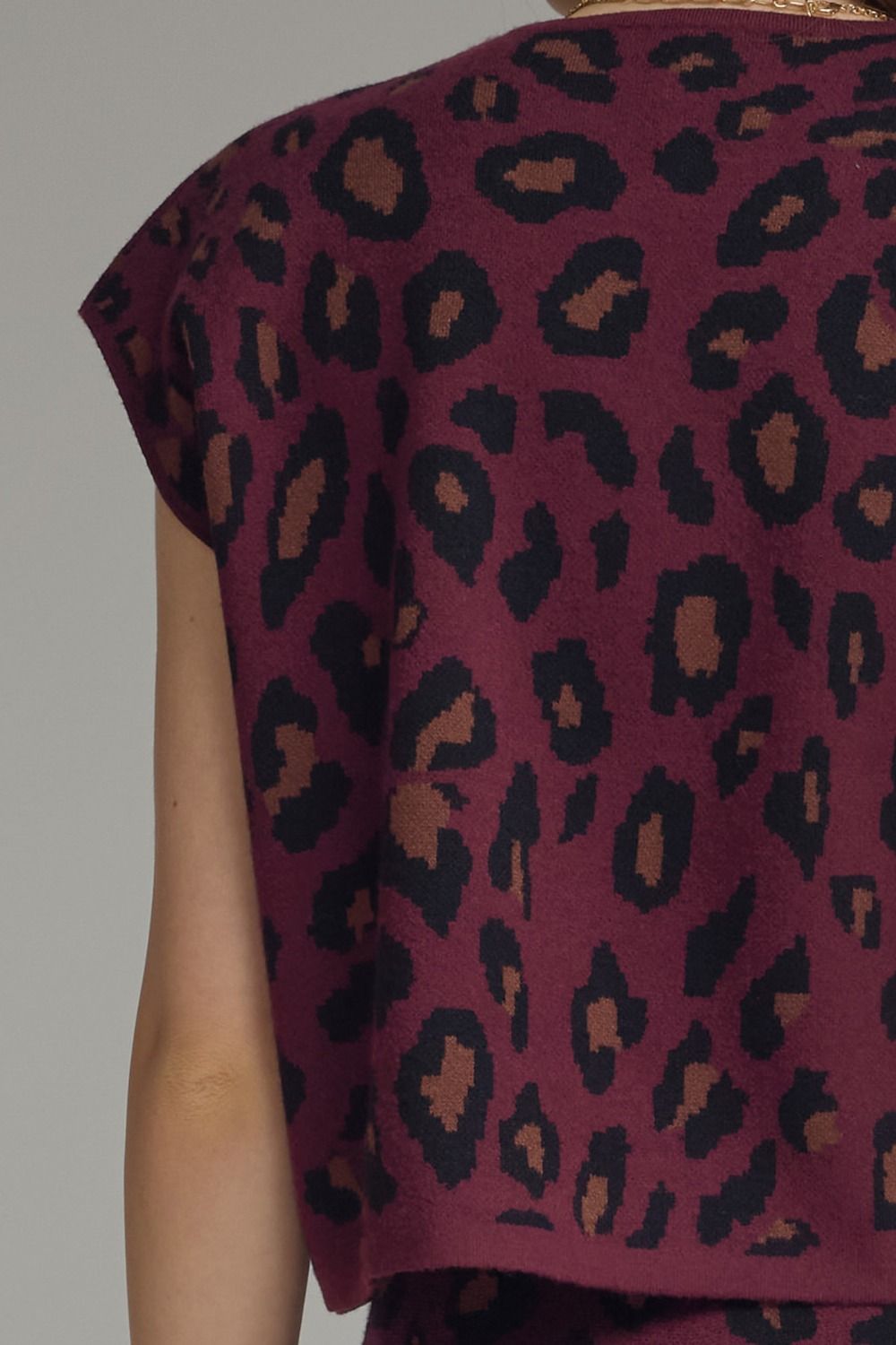 Leopard V Neck Knit Top - Wine