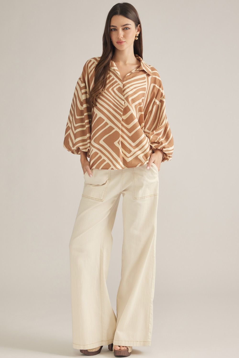 Geometric Print 3/4 Balloon Sleeve Top - Tan