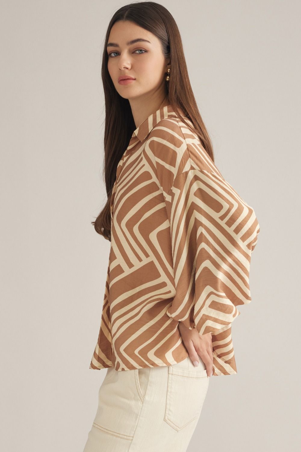 Geometric Print 3/4 Balloon Sleeve Top - Tan