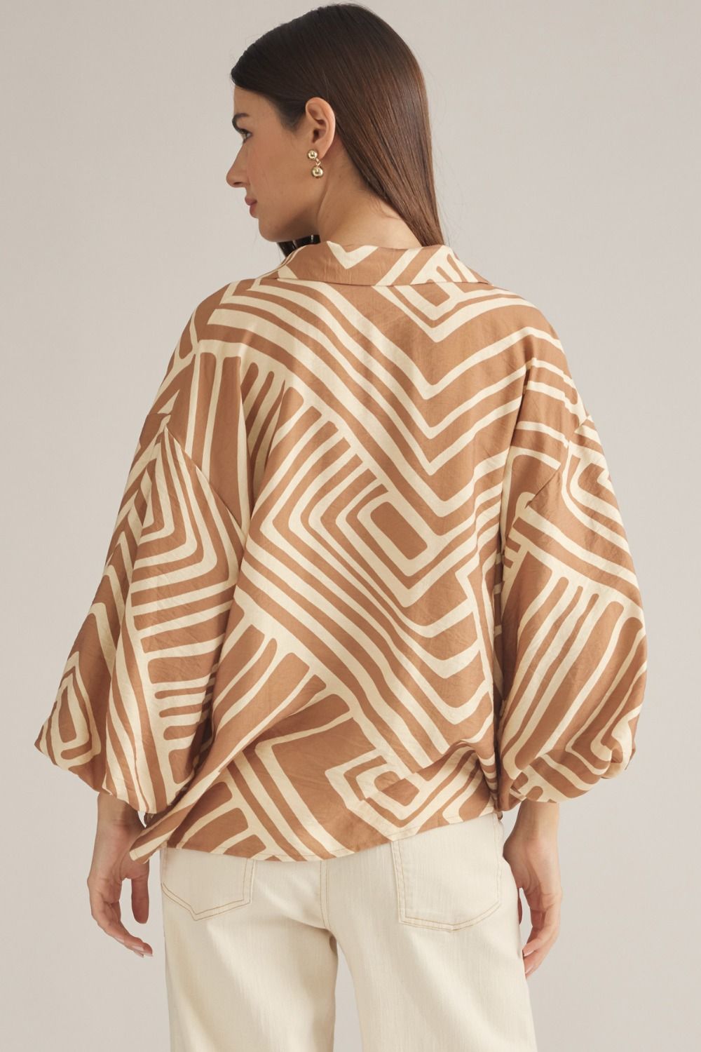 Geometric Print 3/4 Balloon Sleeve Top - Tan