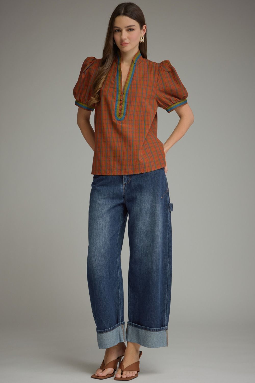 Plaid Puff Sleeve Top - Burnt Orange