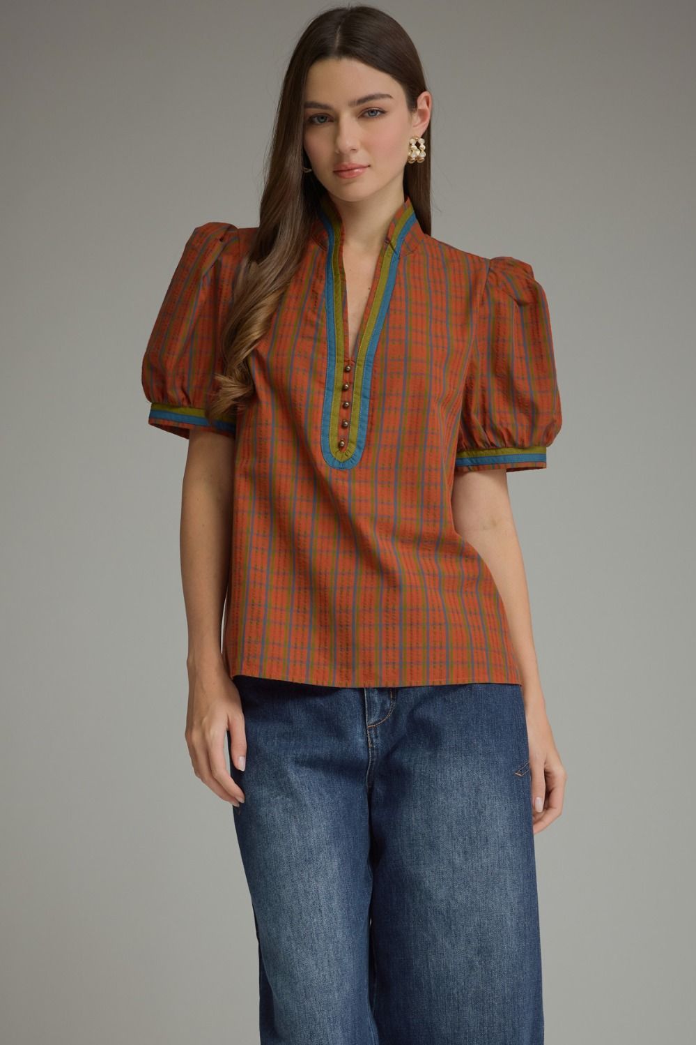 Plaid Puff Sleeve Top - Burnt Orange