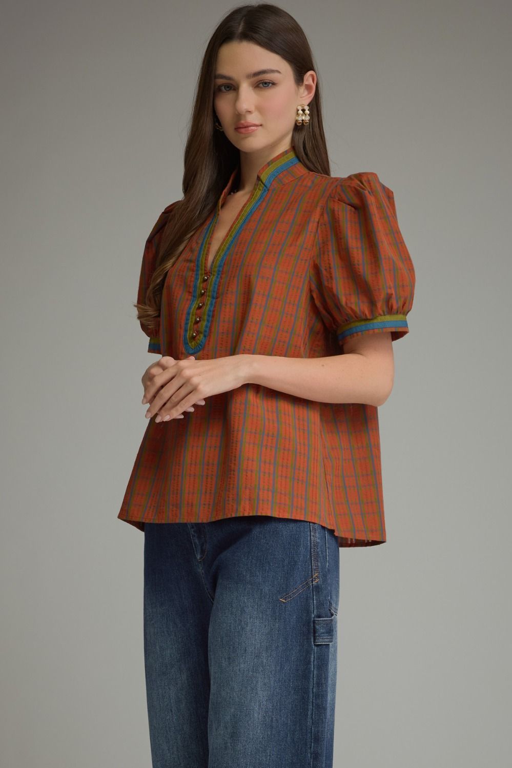 Plaid Puff Sleeve Top - Burnt Orange