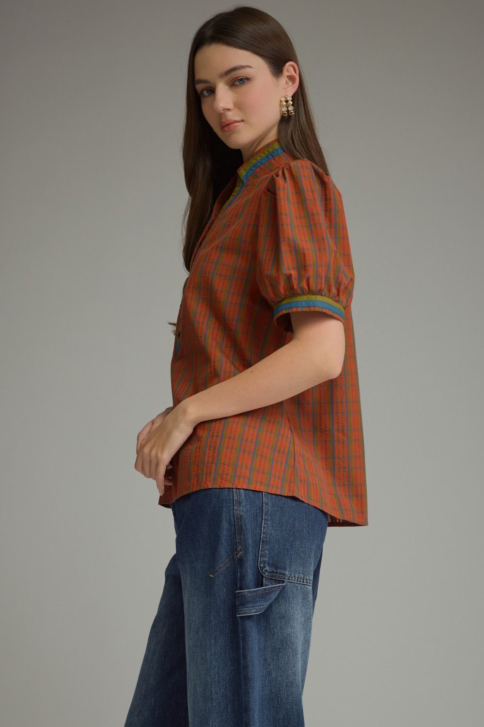 Plaid Puff Sleeve Top - Burnt Orange