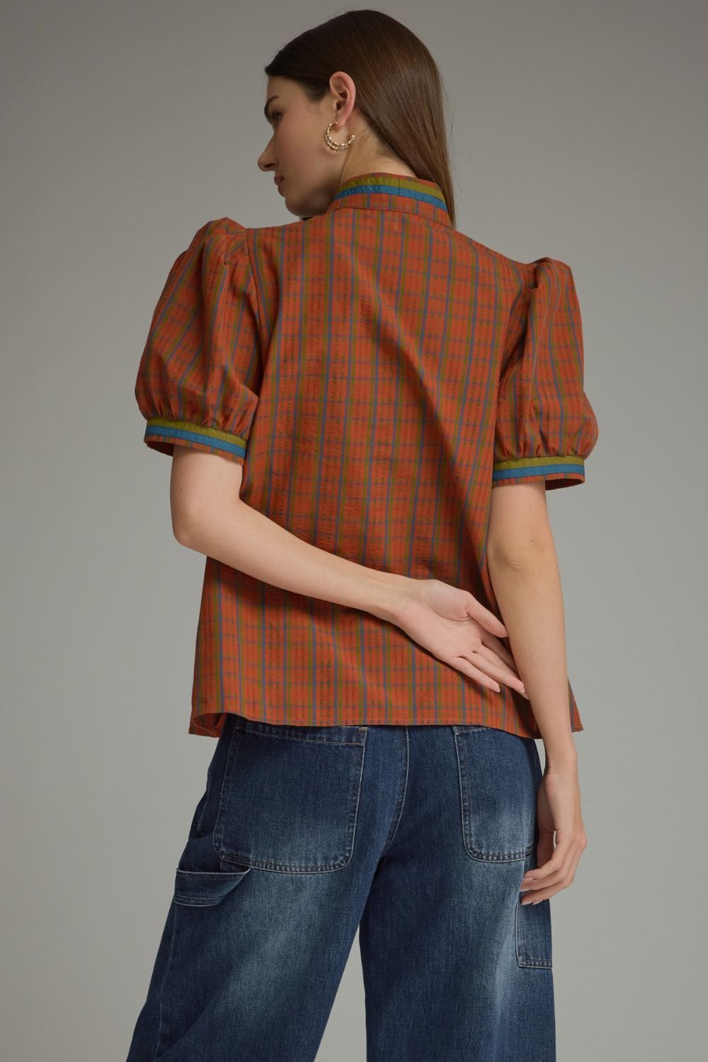 Plaid Puff Sleeve Top - Burnt Orange