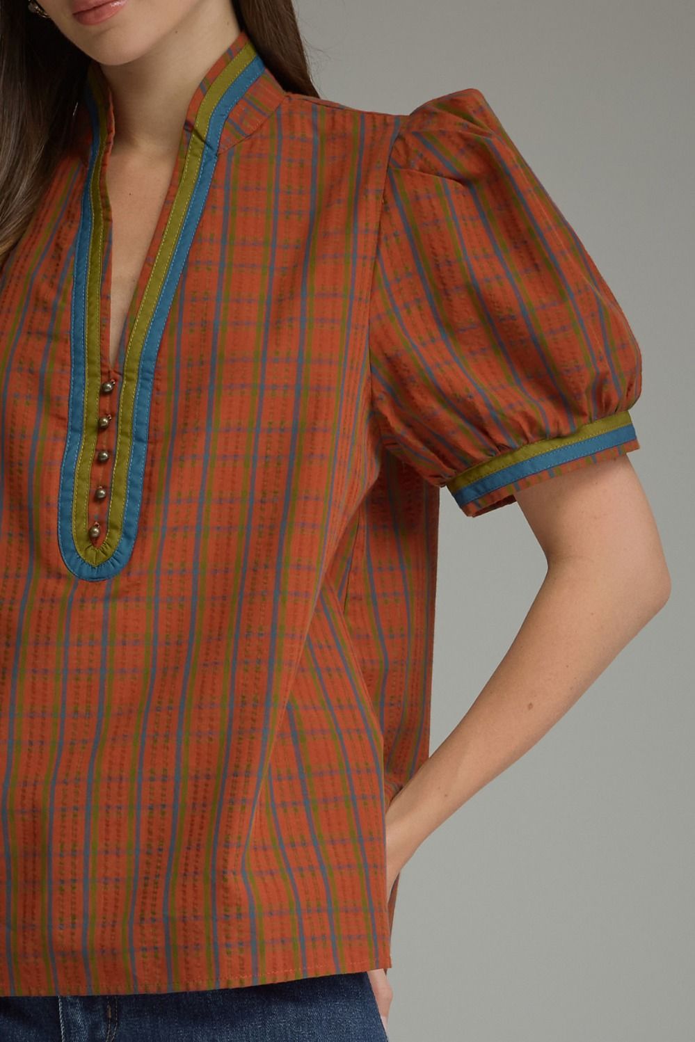 Plaid Puff Sleeve Top - Burnt Orange