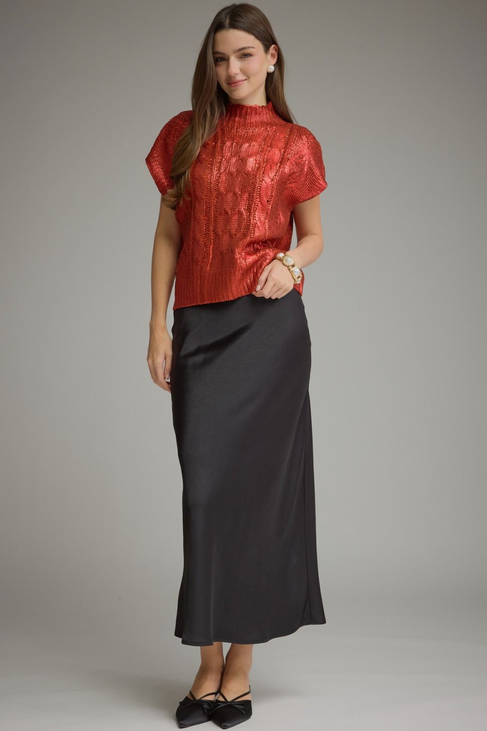 Metallic Cap Sleeve Knit Top - Red