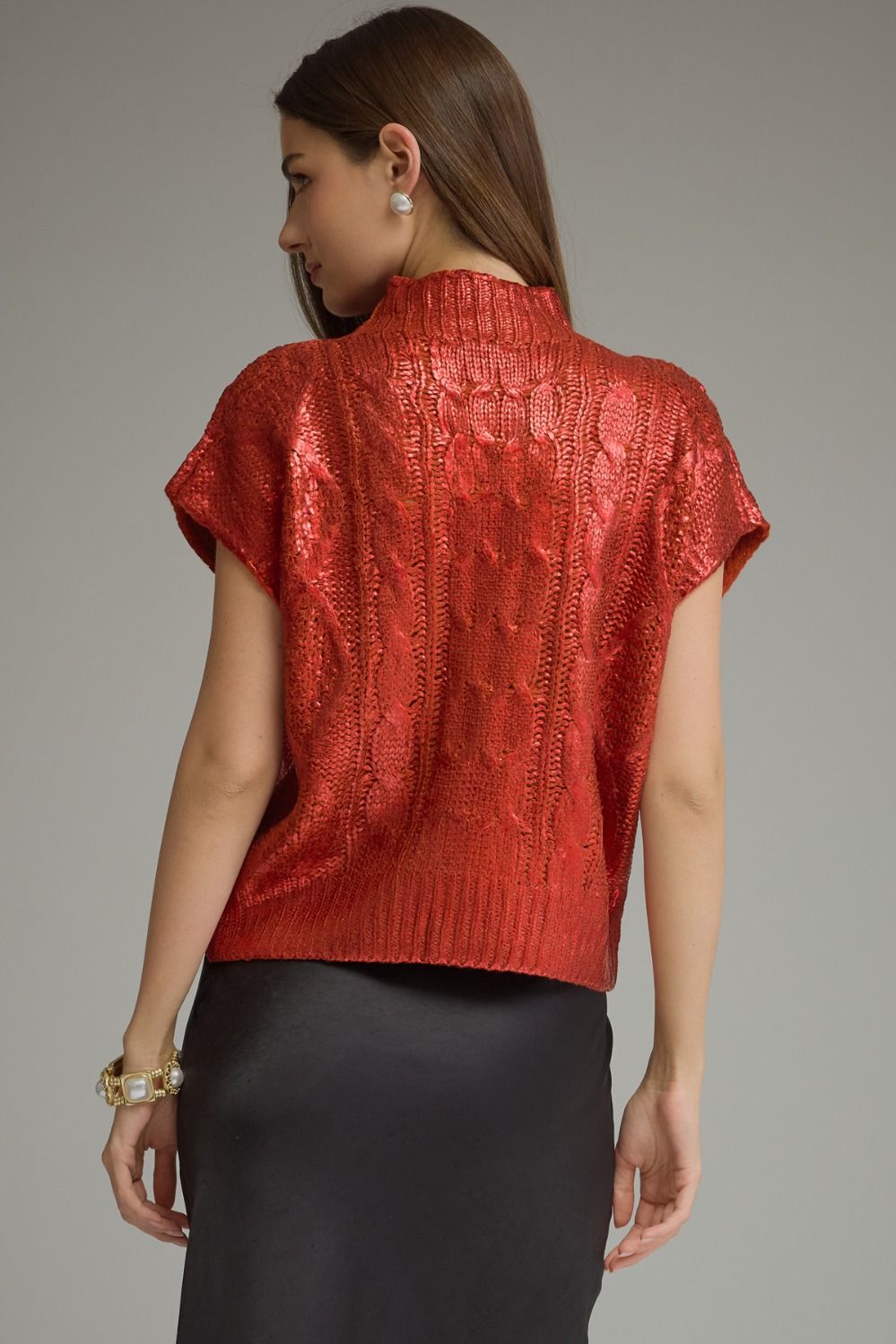 Metallic Cap Sleeve Knit Top - Red