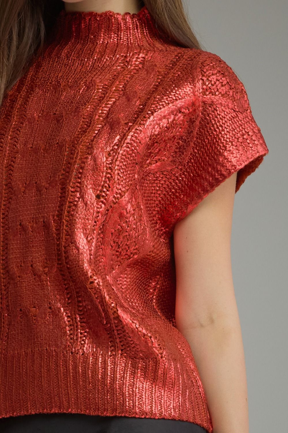 Metallic Cap Sleeve Knit Top - Red