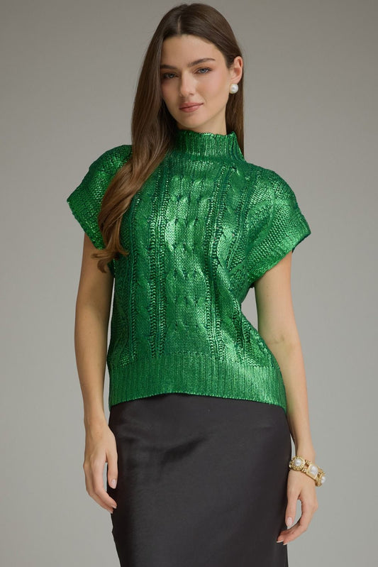Metallic Cap Sleeve Knit Top - Green