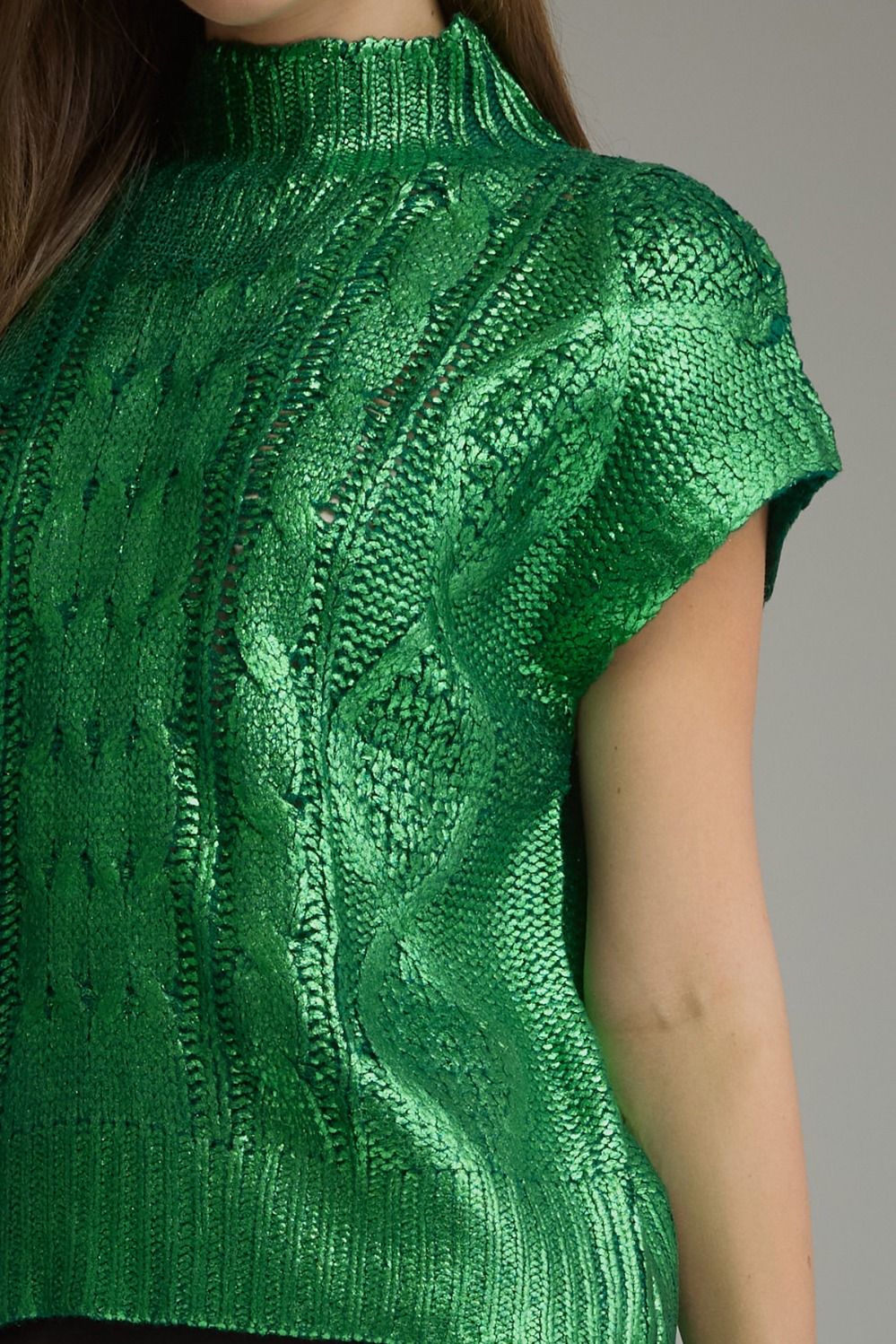 Metallic Cap Sleeve Knit Top - Green