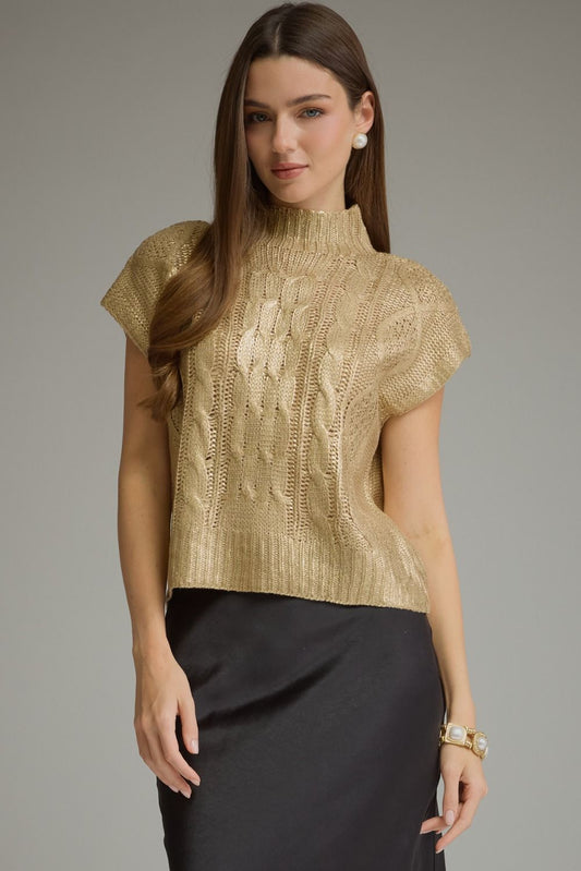 Metallic Cap Sleeve Knit Top - Gold