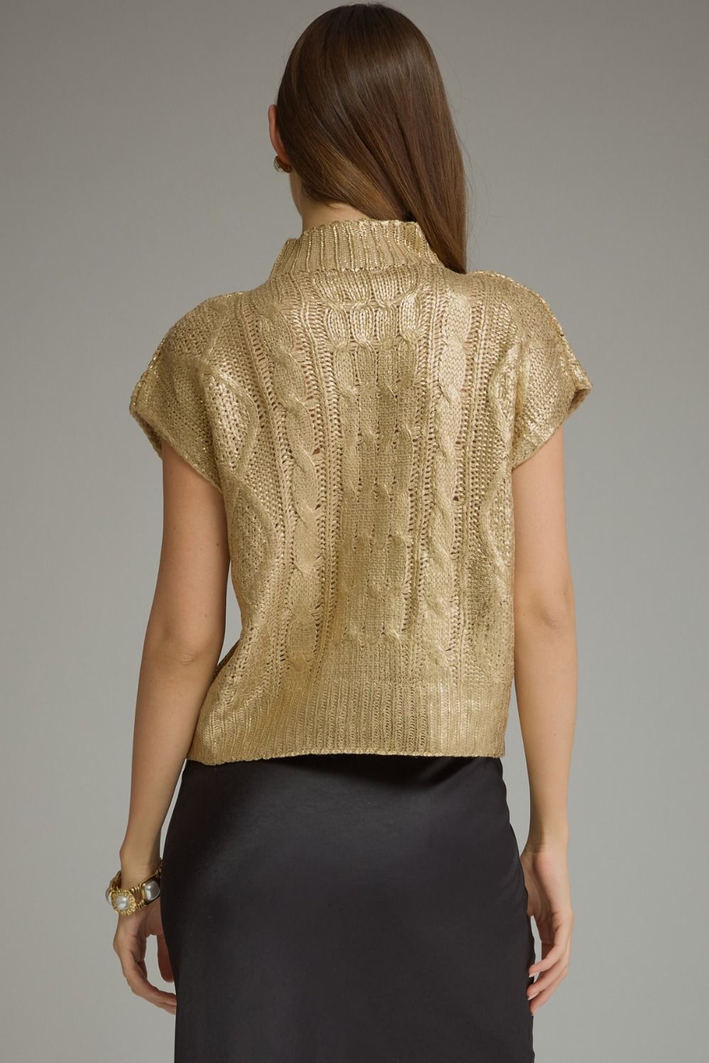 Metallic Cap Sleeve Knit Top - Gold