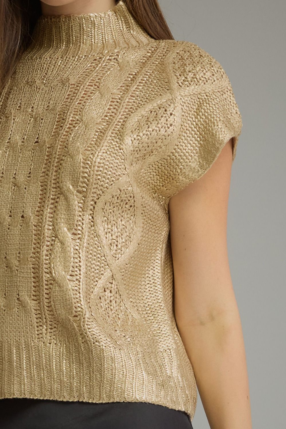 Metallic Cap Sleeve Knit Top - Gold