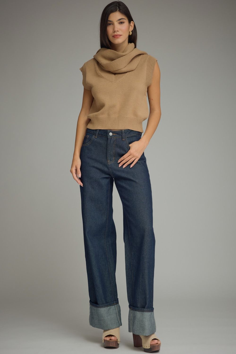 Tan V Neck With Scarf