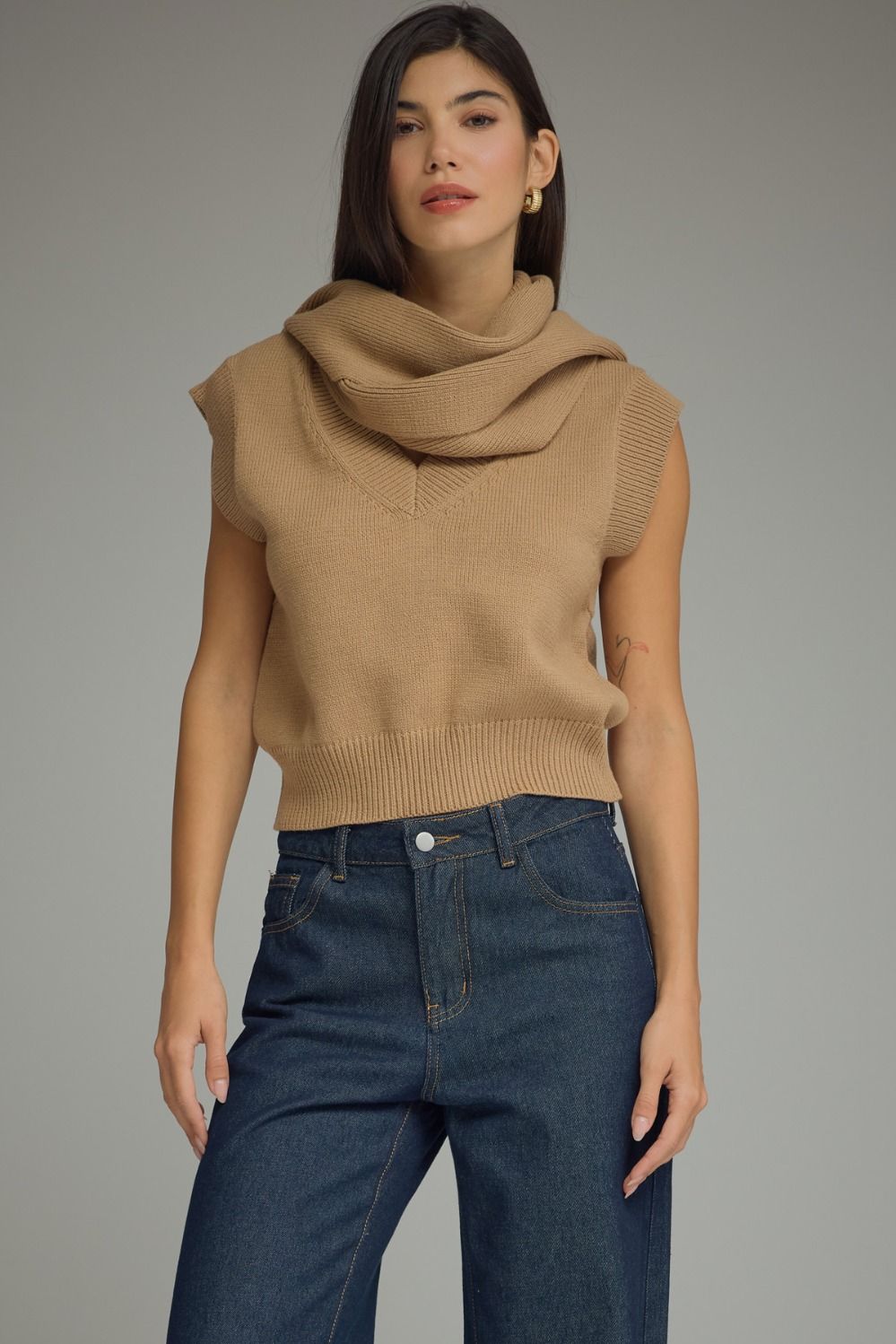 Tan V Neck With Scarf