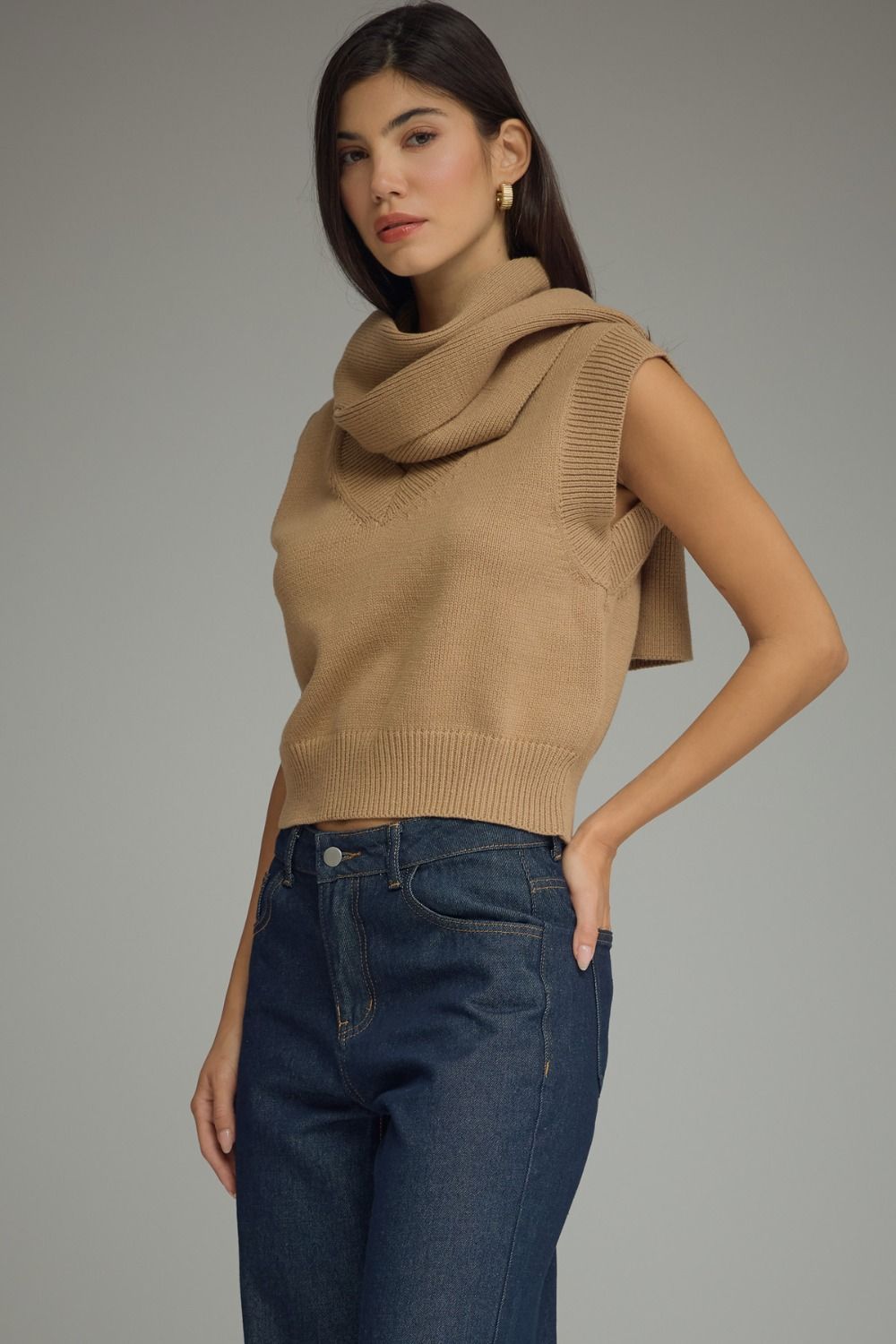 Tan V Neck With Scarf