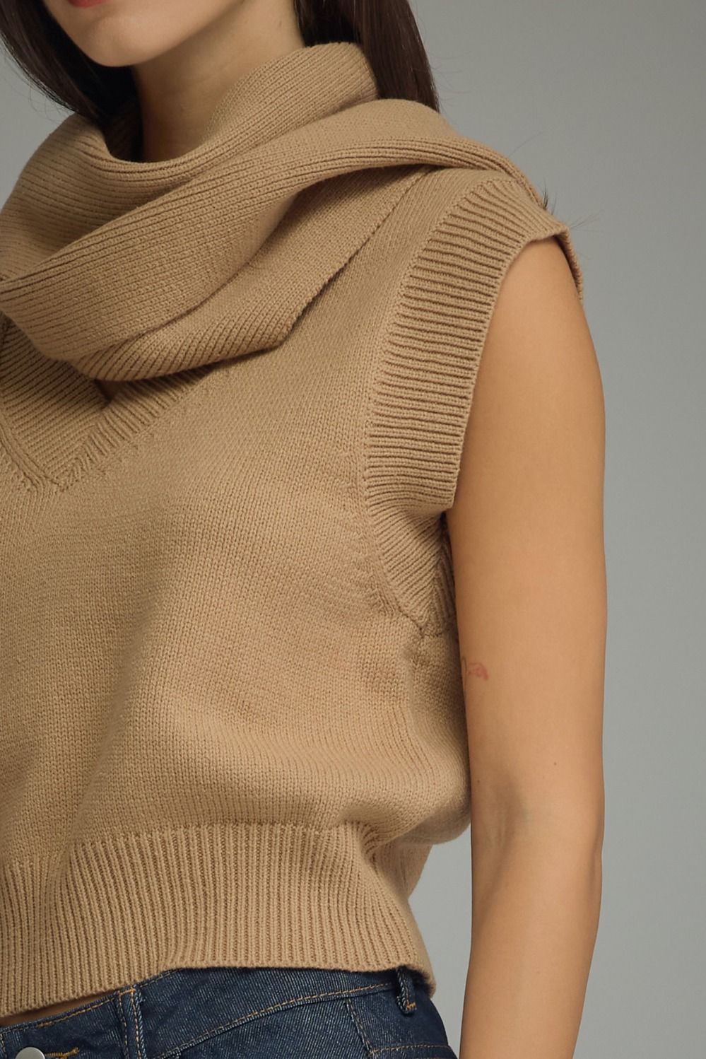 Tan V Neck With Scarf
