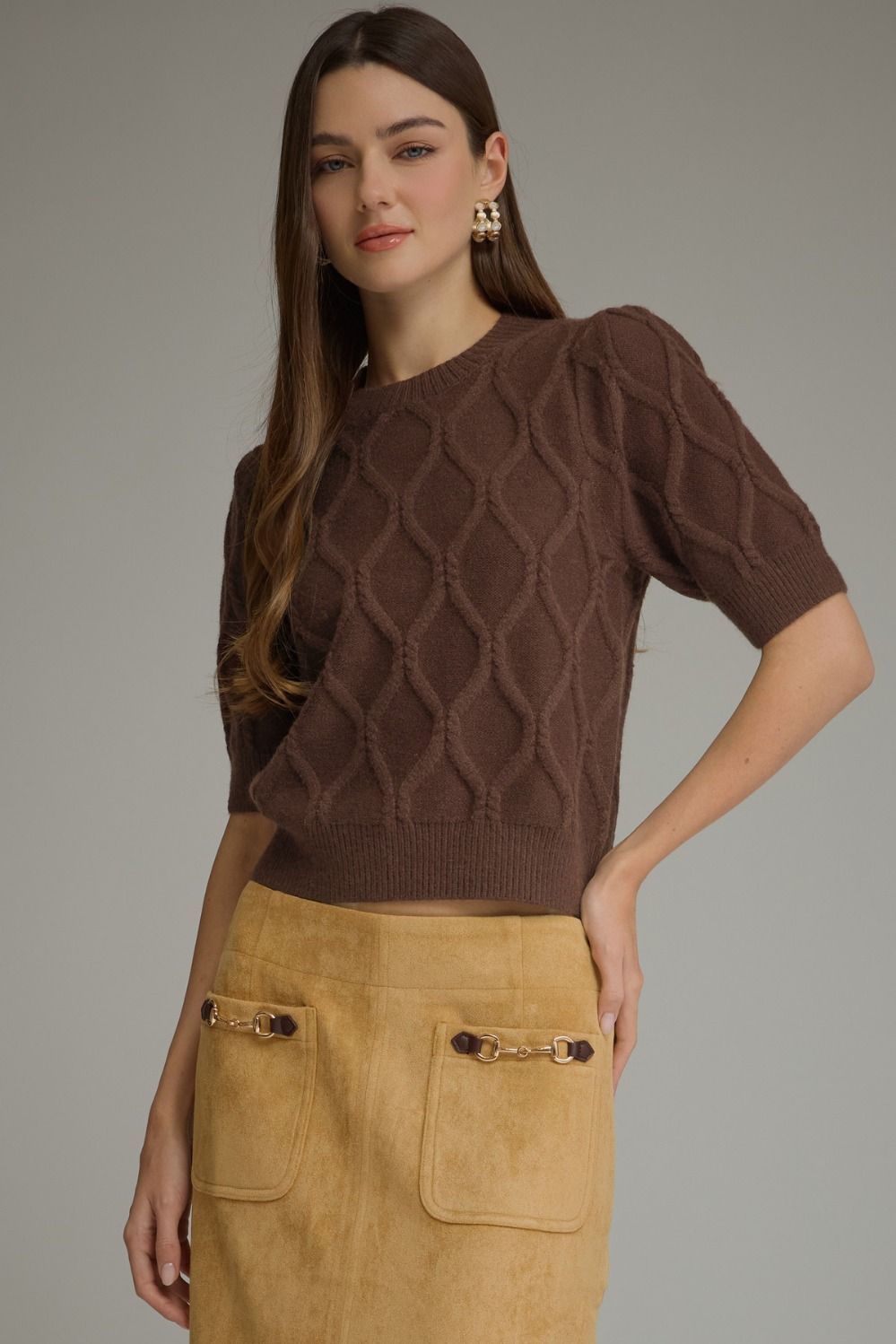 Brown 3/4 Sleeve Cable Knit Top