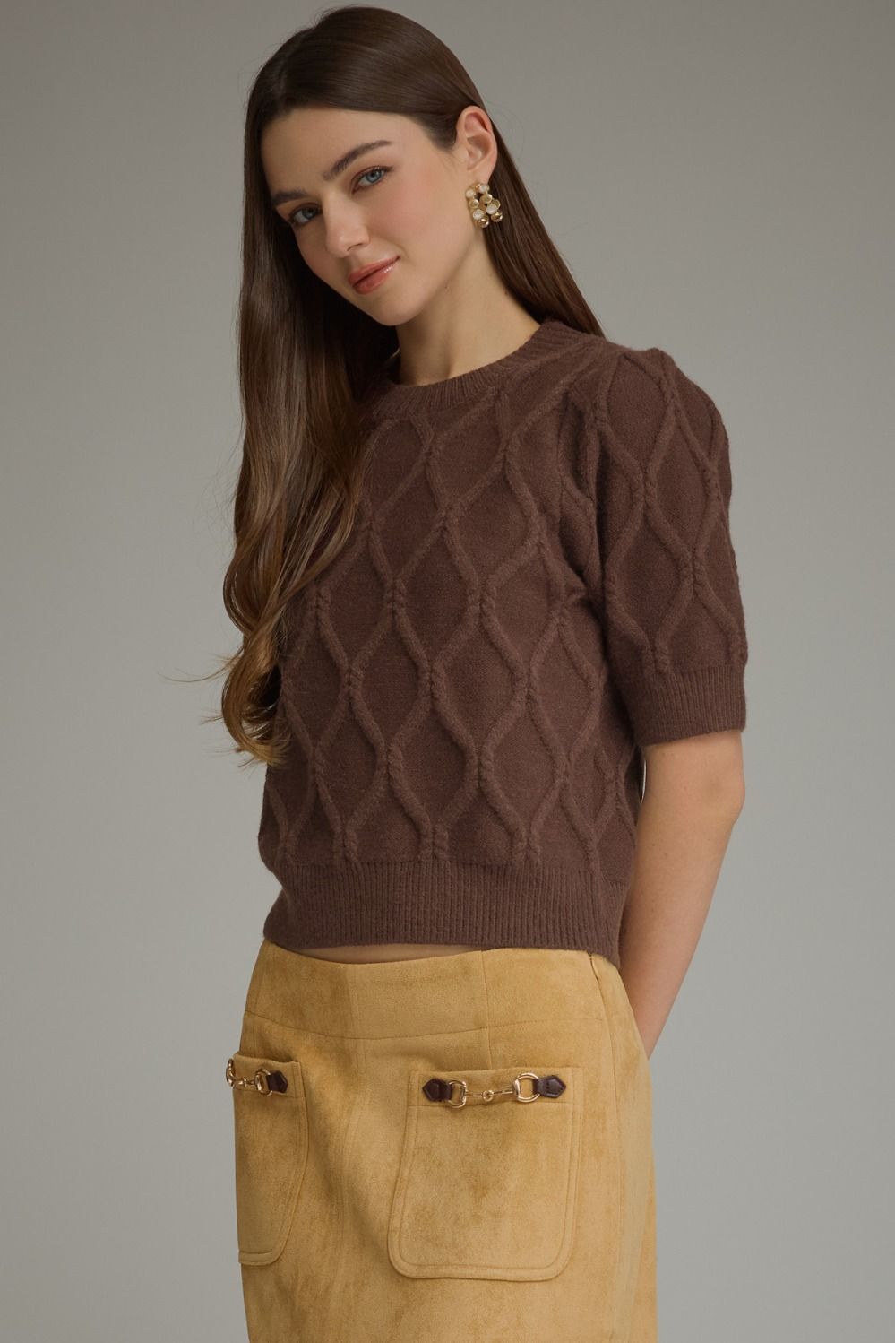 Brown 3/4 Sleeve Cable Knit Top