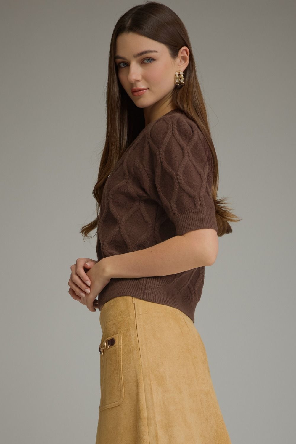Brown 3/4 Sleeve Cable Knit Top