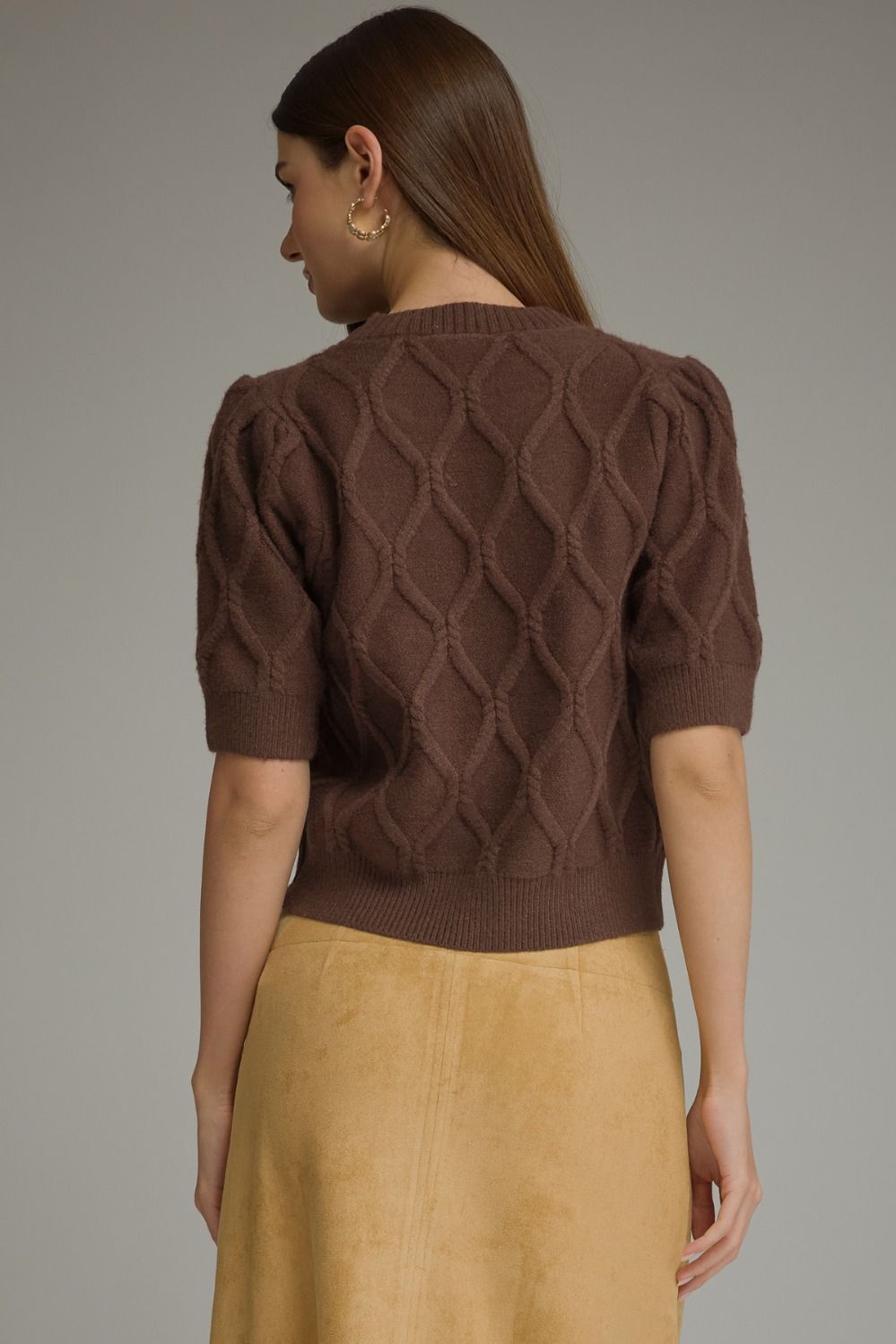 Brown 3/4 Sleeve Cable Knit Top