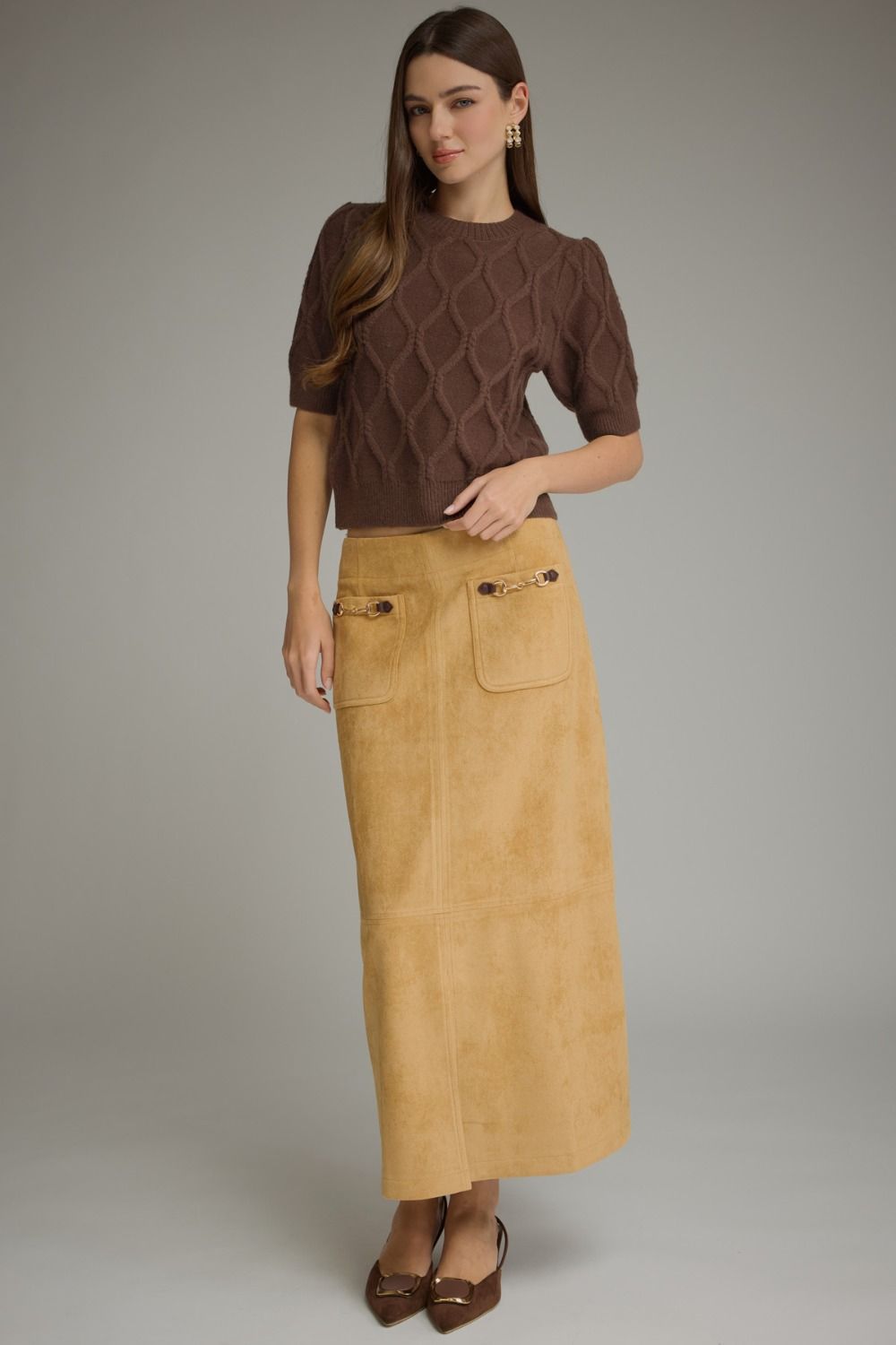 Brown 3/4 Sleeve Cable Knit Top