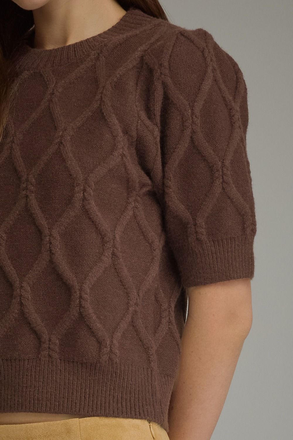 Brown 3/4 Sleeve Cable Knit Top