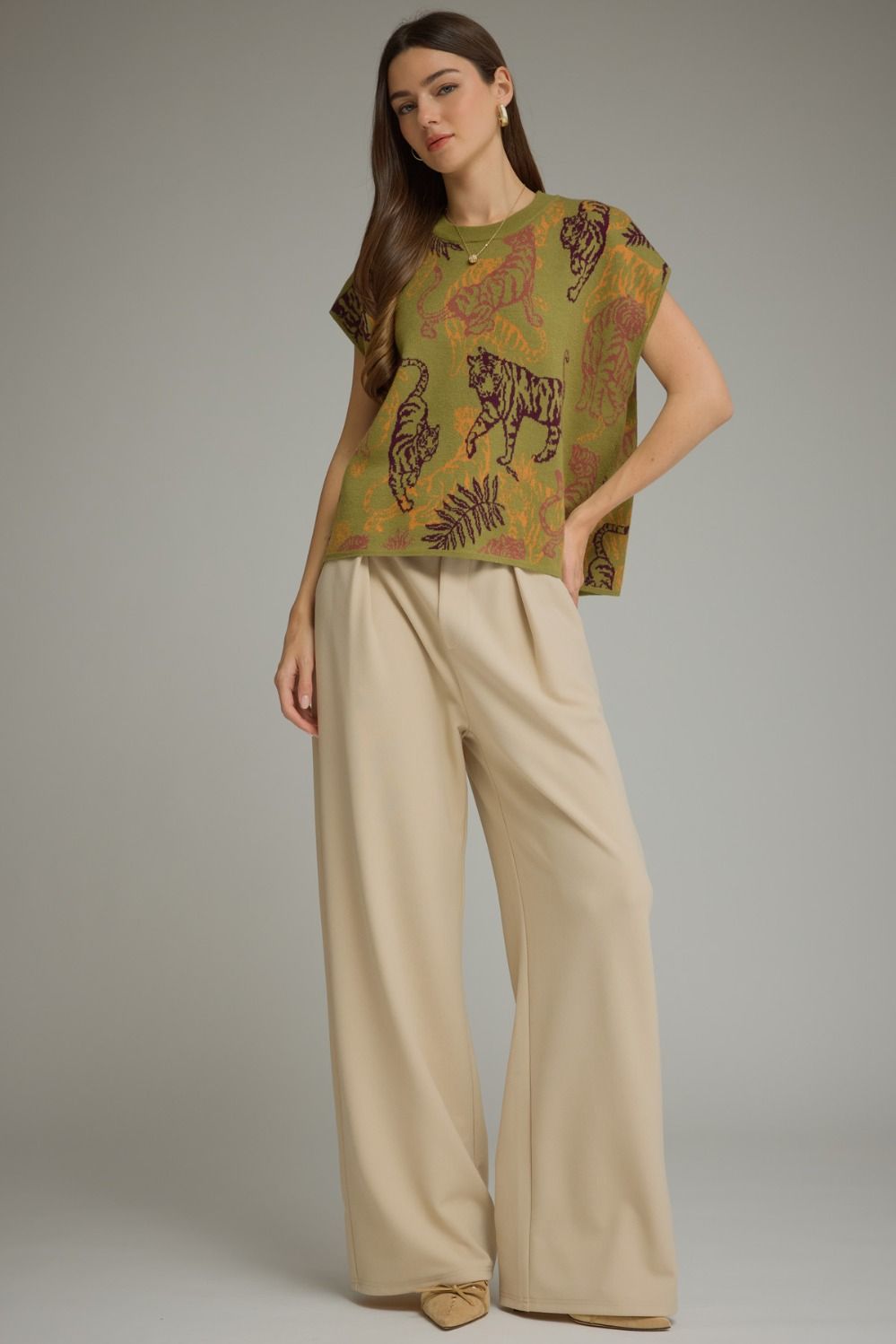 Olive Tiger Graphic Knit Top