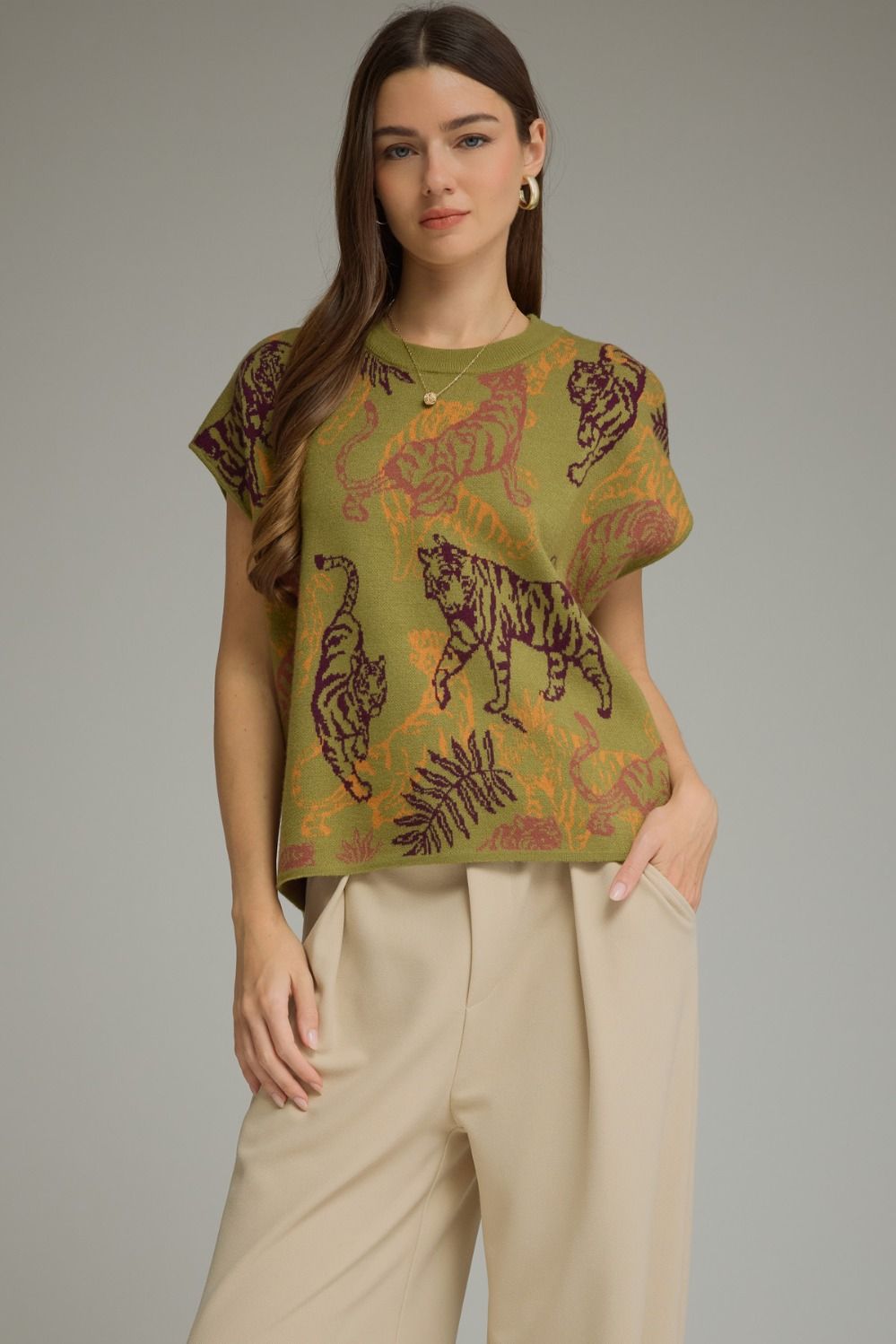 Olive Tiger Graphic Knit Top