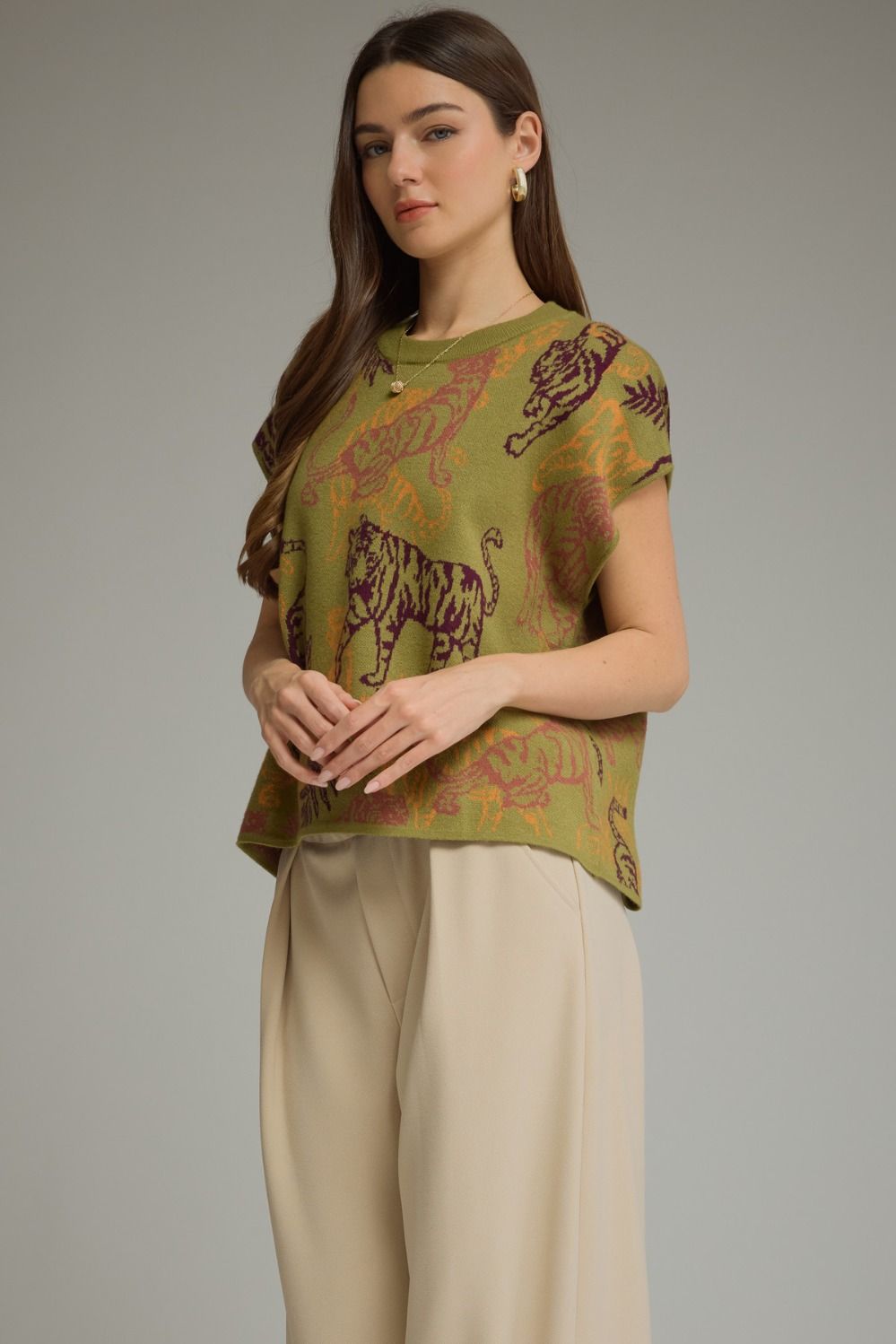 Olive Tiger Graphic Knit Top