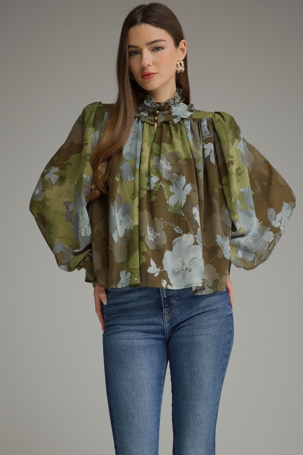 Olive Floral Lone Sleeve Top