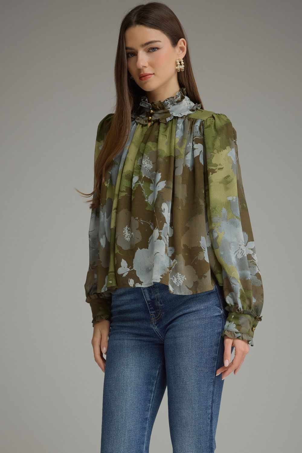 Olive Floral Lone Sleeve Top