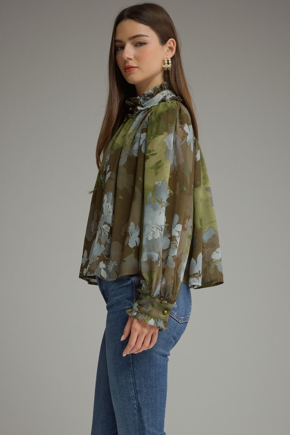 Olive Floral Lone Sleeve Top